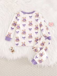 Cozy Pixies Baby Girl Cartoon Bear Print Knit Soft Crew Neck Long Sleeve Top And Elastic Waist Leggings 2 Pieces Pajama Set - Mauve Purple - View 2