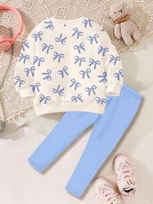 2 件套奶油白和奶油蓝可爱卡通猫豹纹蝴蝶结印花宽松厚实柔软圆领长袖运动衫和紧身裤，适合年轻女孩的秋冬装 - 彩色 - 查看 2