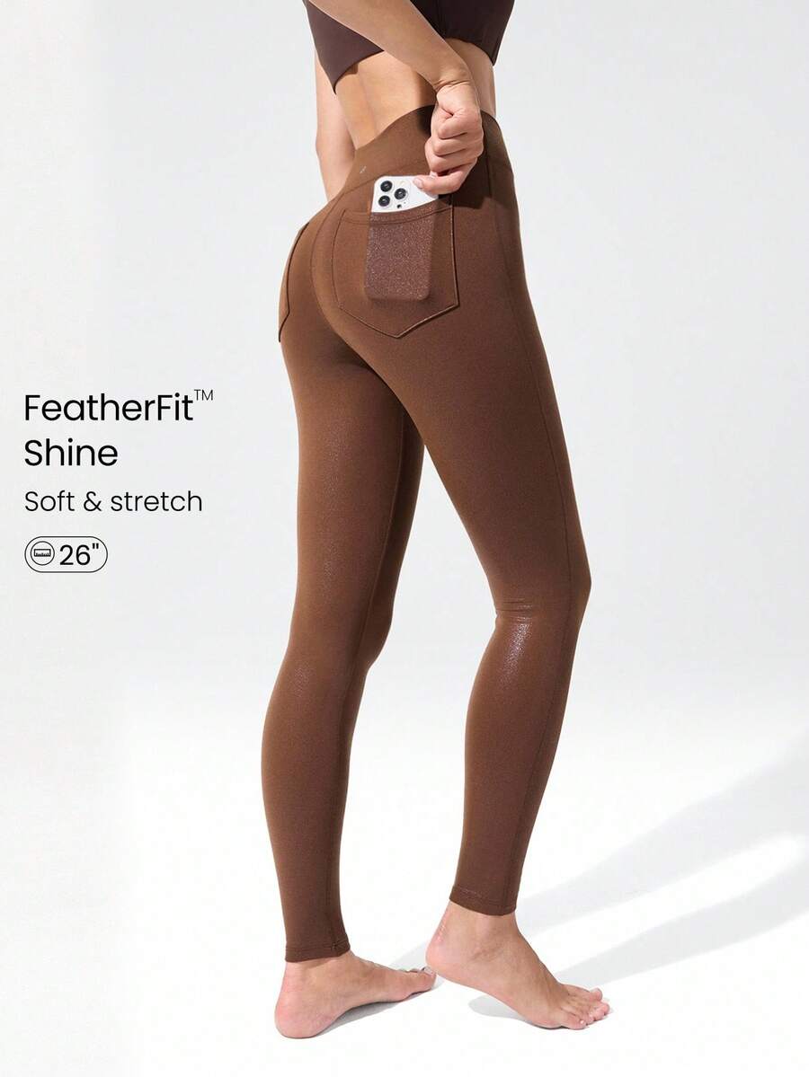 GLOWMODE 26 英寸 GlowFlex 铝箔仿皮羊毛弹力吸汗口袋中腰紧身裤，带臀部口袋，瑜伽普拉提工作室秋冬日常休闲装 - 咖啡棕 - 查看 1