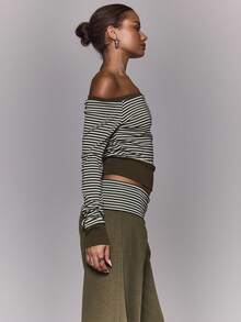 MUSERA 露肩长袖条纹收腰上衣，适合秋季、日常外出、夜间休闲、酷炫街头风，水洗效果，优雅百搭，春夏假日皆宜。 - 軍綠色 - 查看 3