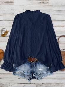SHEIN LUNE CURVE Áo thun tay dài dáng rộng cổ chữ V họa tiết màu trơn cỡ lớn dành cho nữ, chất liệu vải mềm mại và thoải mái, thích hợp mặc hàng ngày - Màu xanh hải quân - Xem 2