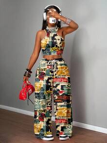 Slaydiva Women's Autumn Clothes/Women's Winter Clothes/Women's Going Out Tops/Y2k Clothing/Streetwear/Graffiti Print/2 Pieces Women's Casual Streetwear Tight Camisole And Loose Pants Set/Suitable For S - Multicolor - View 5