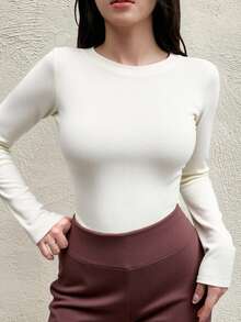 FRIFUL Women's Casual Solid Color Fitted T-Shirt, Autumn - Beige - View 4