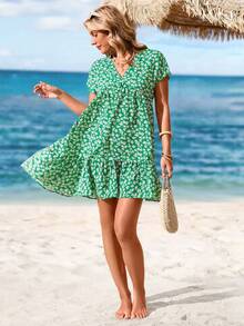 Sylviya Sukienka morska Sukienka tropikalna Boho Damskie krótkie sukienki Wielkanocna sukienka damska St Patrick Wiosna Zielona Ditsy Floral Romantyczna krótka sukienka dla kobiet - Zielony - Zobacz 5