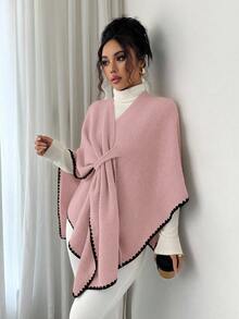 Elenzga 女士新款秋冬单件时尚披肩领开衩斗篷奢华休闲日常开衫毛衣 - 粉色 - 查看 5