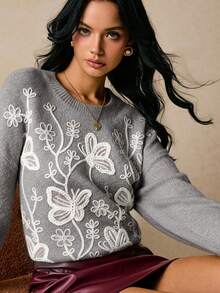 Poéselle Women's Floral Embroidery Round Neck Drop Shoulder Long Sleeve Fashion Sweater In Fall/Winter