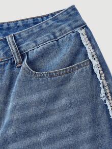 Selenza Women's Jeans Patchwork Rhinestone Chain Pants, New High Waist Slimming Versatile Wide Leg Straight Trousers - Light Wash - View 3