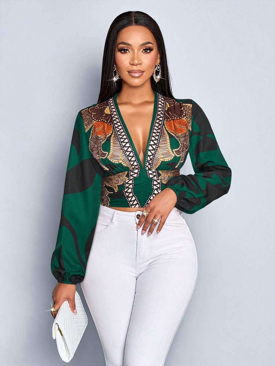 SOLERSUN Spring And Summer Women's Wear Daily Leisure Elegant Commuter Black Floral Print With Apricot Base Woven Fabric Deep V-Neck Pleated Waist Gathered Back Long Sleeves Lantern Sleeves Shirt