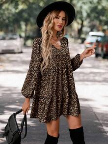 SHEIN LUNE Vestido casual de mujer con cuello en V, estampado floral, mangas farol y volante en el bajo, adecuado para otoño/invierno, estampado de leopardo