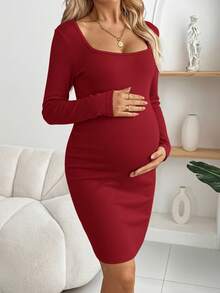 SHEIN Maternity Solid Color Thermal Lined Crew Neck Mini Dress - Burgundy - View 7