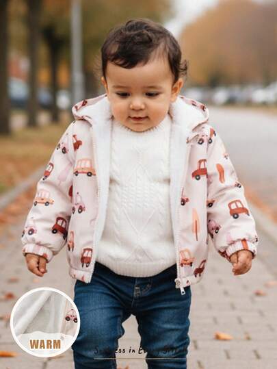 Cozy Pixies Baby Boy Cartoon Animal Pattern Thermal Lined Hooded Long Sleeve Jacket, Versatile & Comfortable Autumn Winter Clothes For Women