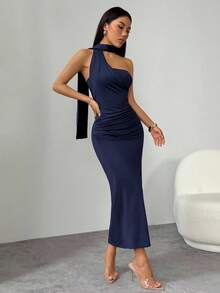 SHEIN PETITE Women's Navy Blue Summer Elegant Party Night Dress,Asymmetrical Flare Sleeve Loose Casual Dress For Vacation,Beach,Boho,Hawaii,Music Festival,Work - Navy Blue - View 5