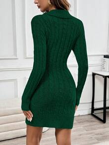 Chiquease Collared Knit Long Sleeve Comfortable Sweater Dress - Dark Green - View 2