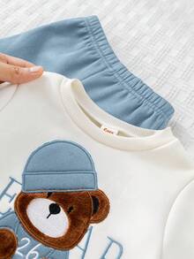 Cozy Pixies 2pcs Baby Boy Cartoon Bear Embroidery Knitted Soft Crew Neck Long Sleeve Sweatshirt And Elastic Waist Thermal Lined Pants Set