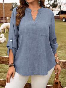 Rusticease Plus Size Women Solid V-Neck Roll Sleeve Blouse,Western Wear Women - Teal Blue - View 4