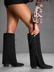 CUCCOO SZL Women's Fashion Black Side Lace-Up Thigh High Boots, Suitable For Holidays, Vacations, Music Festivals - Black - View 8