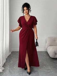 Elenzga 荷叶边袖、收腰、深V领修身连衣裙、酒红色、优雅精致 - 酒紅色 - 查看 6