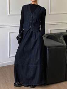 DAZY Women's V-Neck Sleeveless Cardigan And Long Cocoon Denim Skirt Casual Vacation Outfit - Dark Wash - View 6