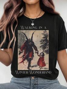 SHEIN CURVE+ 复古趣味冬季漫步仙境圣诞快乐T恤，女装，夏季 - 黑色 - 查看 1