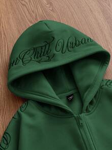 Manfinity Unisex Áo hoodie dài tay thêu họa tiết Anh dáng rộng thoải mái cho nam - xanh quân đội - Xem 6