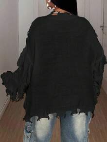 SHEIN CURVE+ 大码女式 Y2K 纯色 V 领落肩长袖宽松流苏设计毛衣，秋冬 - 黑色 - 查看 2