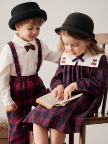 PrepCrw Young Girls' Preppy Style Patchwork Peter Pan Collar, Bowknot, Plaid Long Sleeve Dress - Multicolor - View 2