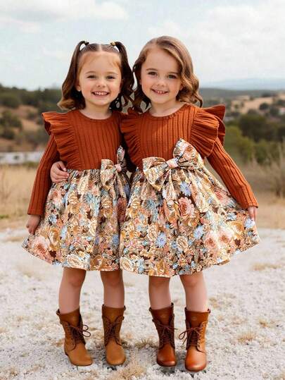 1 Piece Baby Girl Cute Flexiable Casual Brown Anti-Stripe T-Shirt Sponge Floral Long-Sleeve Dress, Comfortable and casual Flexiable Fashion Everyday, Suitable For indoor and outdoor, daily life, Sports, Play, Party, Photo Taking Photo Taking Photo Taking Photo Taking Photo Takes, Vacation, Festival For Athlete and Winter Seasons