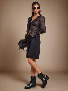 SHUZIA Damskie, seksowne, olśniewające, szpiczaste botki w stylu vintage na klockowym obcasie z przeszyciami - Czarne - Zobacz 4