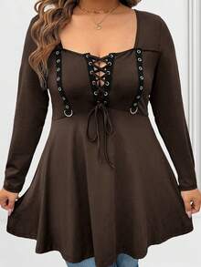 SHEIN Áo thun tay dài cổ vuông thắt nơ phía trước thời trang thường ngày cỡ lớn dành cho nữ - màu nâu - Xem 1