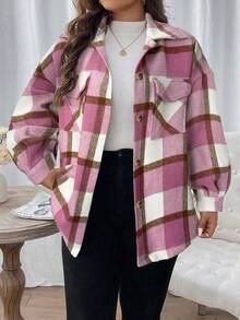 SHEIN LUNE 大码女式春秋落肩长袖格子实用口袋休闲夹克 - 彩色 - 查看 1