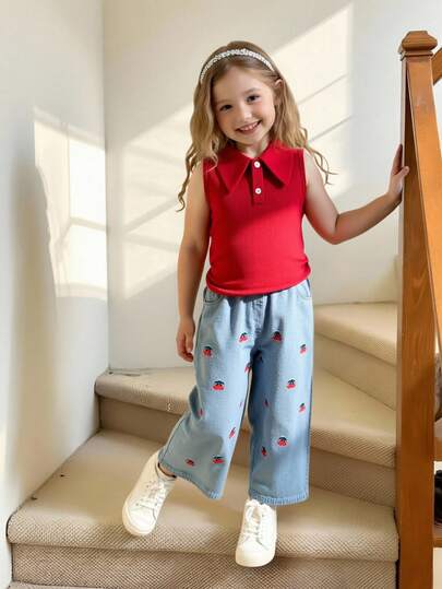 Elladie kids 女童复古马球领修身酒红色背心和松紧腰宽松长款花卉刺绣牛仔裤套装，休闲时尚