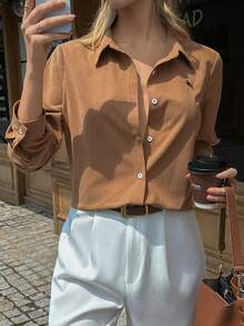 女式编织休闲度假通勤秋季衬衫 - 棕色 - 查看 3
