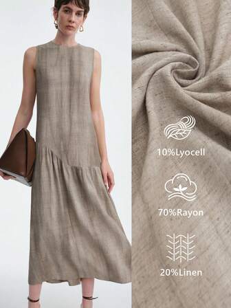 Aalyst Elegancka i wyrafinowana sukienka midi z mieszanki lnu dla kobiet z okrągłym dekoltem, ściągaczem w talii, marszczonym dołem, bez rękawów, do pracy, na co dzień, do pracy, na wakacje, na wiosnę/lato