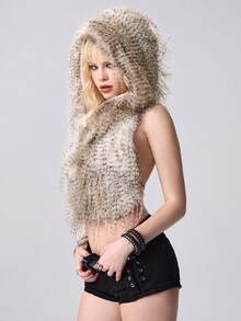 ROMWE EDITION Y2K性感孔雀仿毛皮露背连帽女式上衣 - 淺灰色 - 查看 5