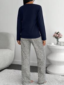 EURMUSE Cotton Women 2 Pcs Lips&Leopard Printed Long Sleeved Shirt&Leopard Pattern Sleep Bottoms Set - Navy Blue - View 2