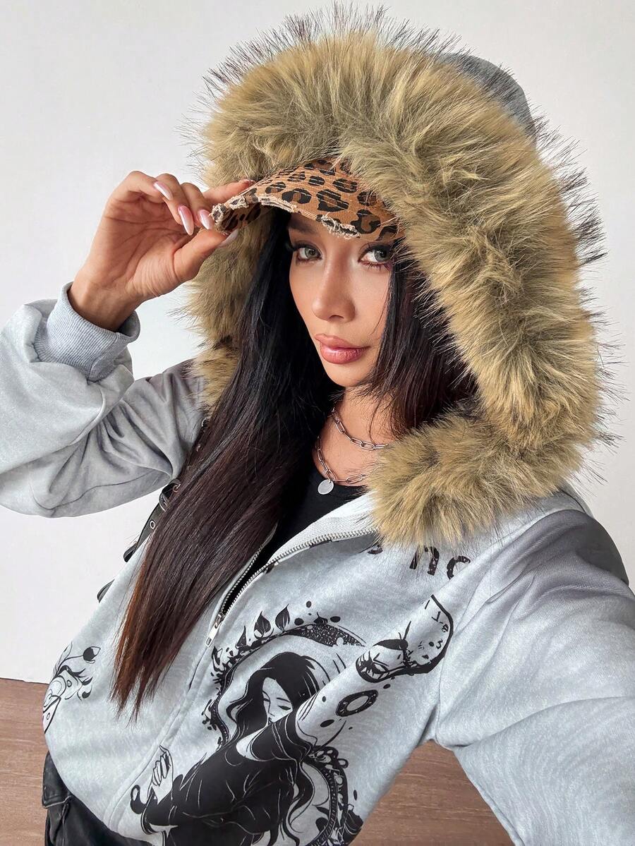 SHEIN PETITE American Retro Dark Grey Distressed Hooded Pullover Cardigan For Ladies,Long-Sleeved Fleece Thick-Patterned Printed Streetwear Everyday Autumn Y2K ,Petite Women - Grey - View 1