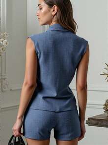 SHEIN 2 件套女士纯色无袖纽扣衬衫和短裤休闲两件套 - 深色水洗藍 - 查看 2