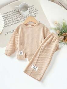 SHEIN 2 件 Babygirl 休闲针织卡其色长袖上衣和松紧腰裤套装，秋冬 - 杏色 - 查看 5