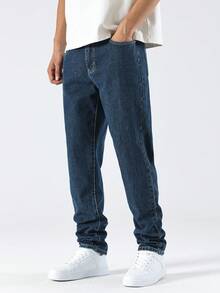 Manfinity Homme 男士休闲洗水锥形牛仔裤，纯色深蓝色长直筒深色牛仔裤洗水工装牛仔裤，适合丈夫、男朋友的礼物 - 藍色 - 查看 6