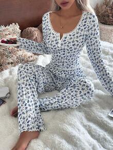 Bộ đồ ngủ tay dài họa tiết hoa lãng mạn, cổ vuông viền ren CottageSlumber, 2 nút, áo và quần dài, bộ đồ ngủ nữ, bộ đồ ngủ hai mảnh, bộ đồ ngủ tay dài, bộ đồ ngủ nữ, quần áo mùa đông - Nhiều màu - Xem 3