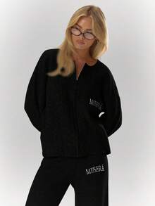 MUSERA Oversized Rib Knit Embroidered Zip Through Long Sleeve Cardigan Only Fall Autumn Cosy Cute Casual Coffee Club New Year Thanksgiving