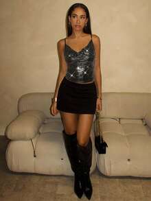 Glamine 女士性感V领黑色吊带背心，冬季圣诞派对叠穿上衣 - 黑色 - 查看 5