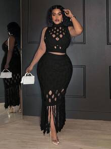 Veslaya Conjunto de Malha de 2 Peças com Top Sem Mangas e Saia Vazada Casual Plus Size, Conjunto de Saia Branca de 2 Peças, Conjunto de Saia com Franjas, Conjunto de 2 Peças com Recortes, Conjunto Elegante de 2 Peças para Outono/Inverno - Preto - Visão 11