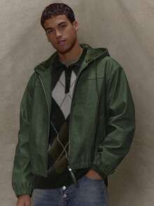 Musero Boxy Matte PU Leather Hooded Zip Through String Jacket Fluffy Inside SPRING SUMMER - Green - View 2