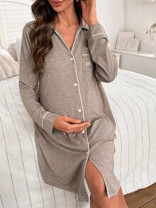 SHEIN Maternity Casual Loose Turndown Collar Pocket Embroidered Knit Long Sleeve Dress, Winter Button Down Nightgown Sleep Wear Women Button Front Long Sleeve Nightgown Women Pajama Dress Loungewear Dress