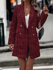 SHEIN Clasi 优雅双排扣大衣，适合秋冬通勤 - 紅色 - 查看 4