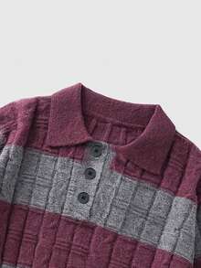 ROMWE MEN Prep Jersey de cuello alto de punto de cable con bloques de color y rayas, casual para hombre, otoño/invierno - Burdeos - Ver 3