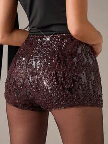 SHEIN BAE Pantaloncini da donna con paillettes di colore unito, adatti per occasioni di festa