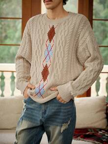 RivetRise Men's Rhombus Pattern Loose Fit Crew Neck Dropped Shoulder Long Sleeve Casual Sweater, Autumn/Winter - Multicolor - View 3