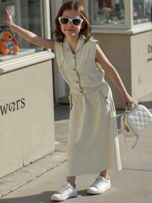 青少年女孩休闲连帽无袖纯色上衣和高腰纯色中长裙套装